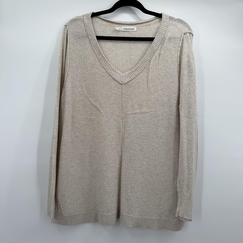 Maurices Sweater Womens Large Beige V Neck Long Sleeve Tunic Waffle Knit Cotton